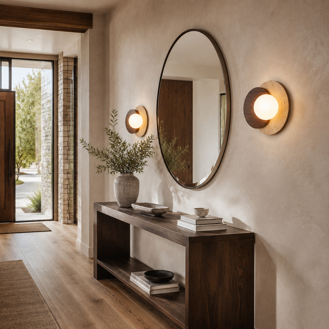 Eclisse travertine wall sconce wabi sabi japandi natural stone wood space glass globe warm American home lifestyle interior styled