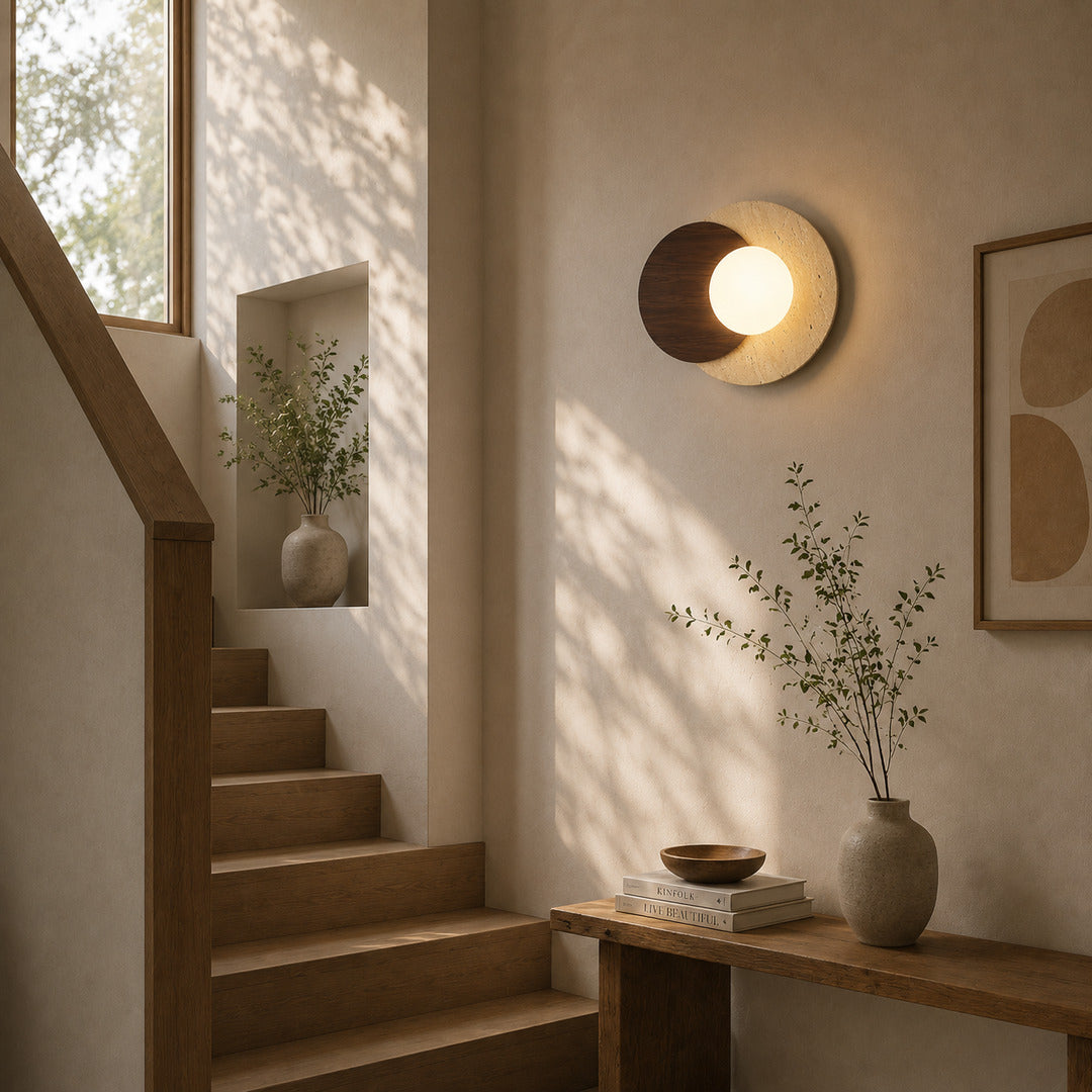 Eclisse travertine wall sconce staircase stairwell warm glow glass globe travertine stone wood American home lifestyle interior styled