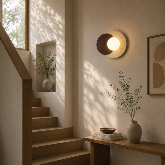 Eclisse travertine wall sconce staircase stairwell warm glow glass globe travertine stone wood American home lifestyle interior styled