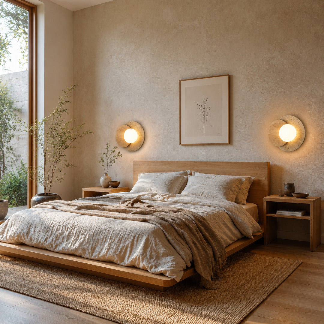 Eclisse travertine wall sconce bedroom bedside warm glow white glass globe travertine stone wood minimalist American home lifestyle interior styled