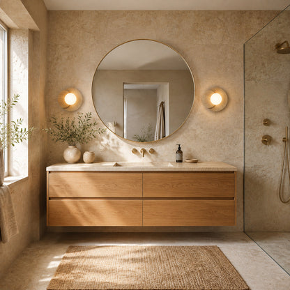 Eclisse travertine wall sconce illuminated evening warm glowing white glass globe travertine stone wood cozy American home lifestyle interior