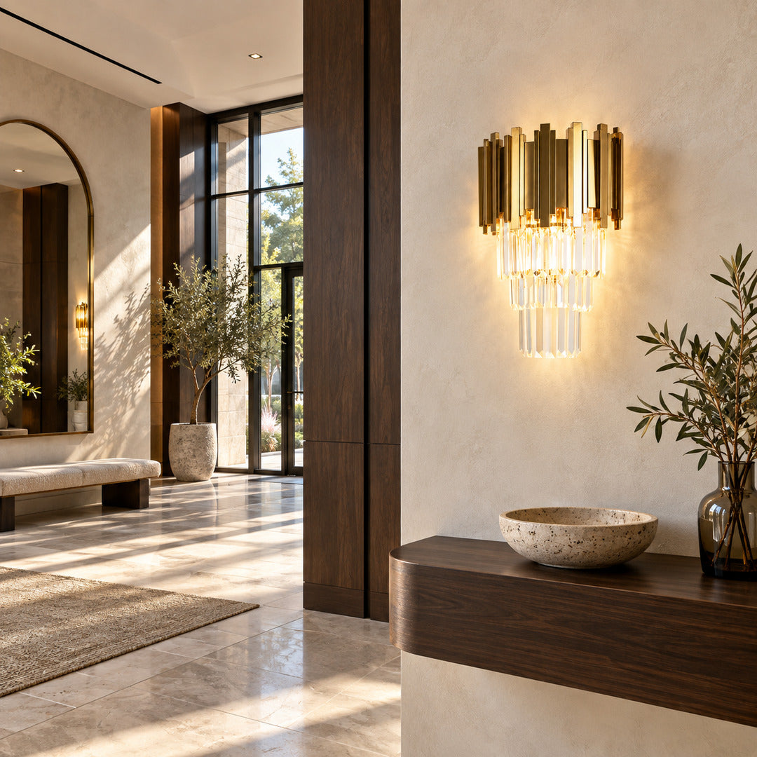 Empire crystal wall sconce welcoming guests with a dazzling glow above an entry console