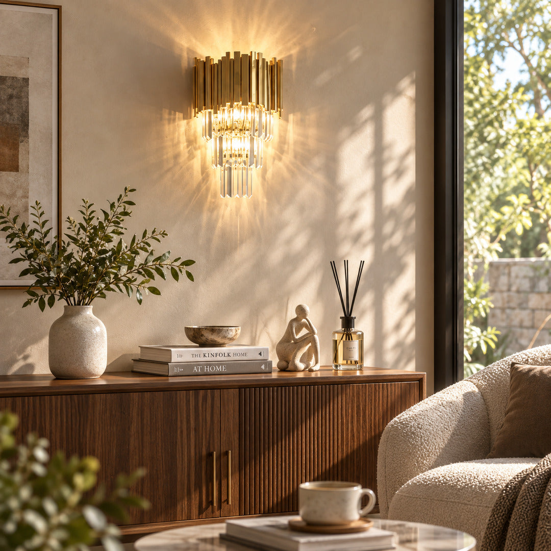 Empire crystal wall sconce as a glamorous sculptural accent on a modern living room wall