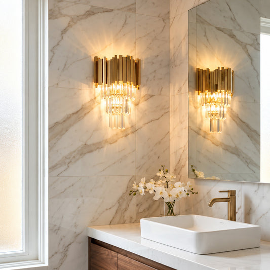 Pair of Empire crystal wall sconces flanking a vanity mirror in a dry dressing area