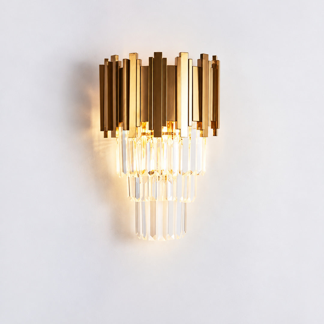Small 15.7-inch gold Empire crystal wall sconce as a single accent beside a bed