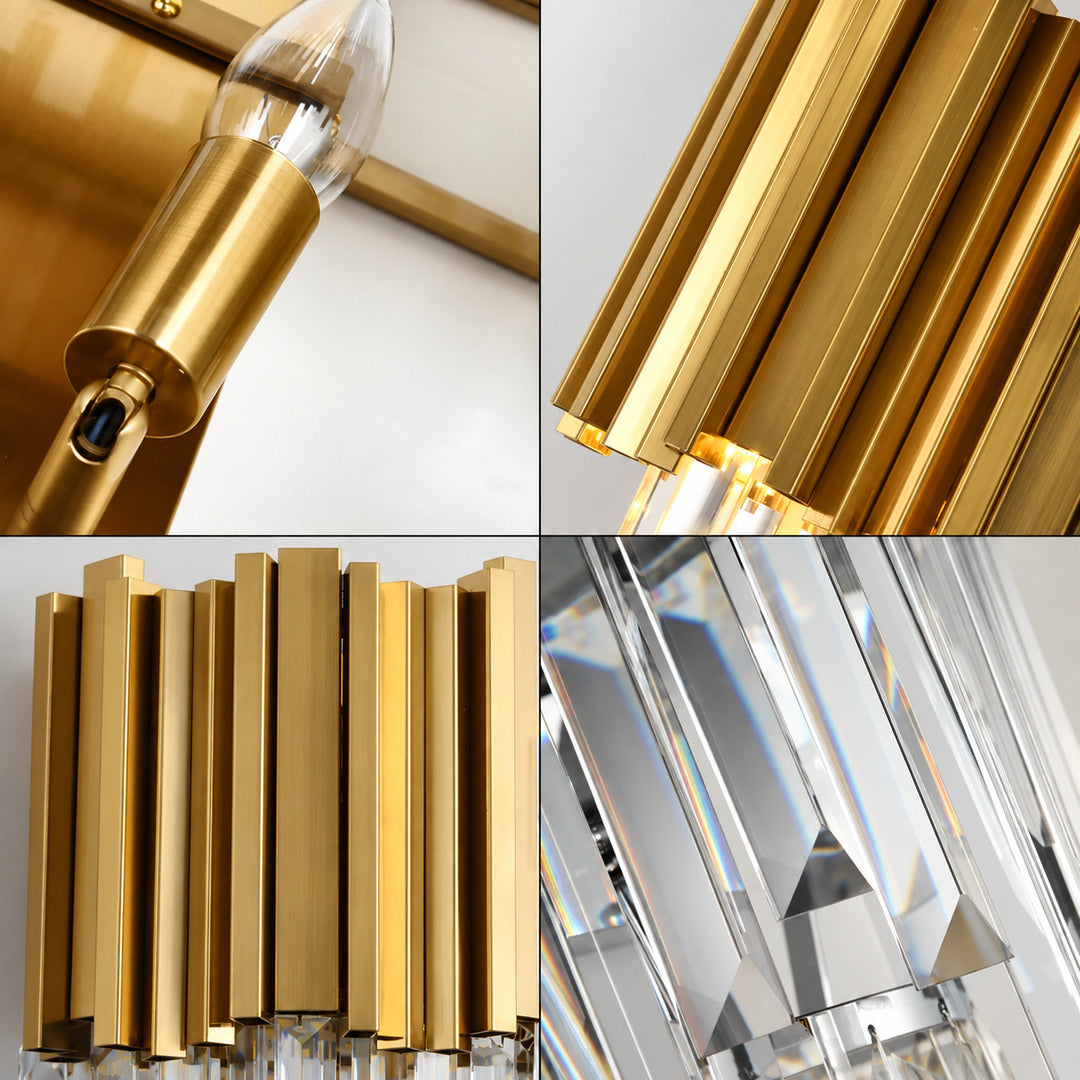 Warm light refracting through the precision-cut crystals of the Empire wall sconce scattering glints on the wall
