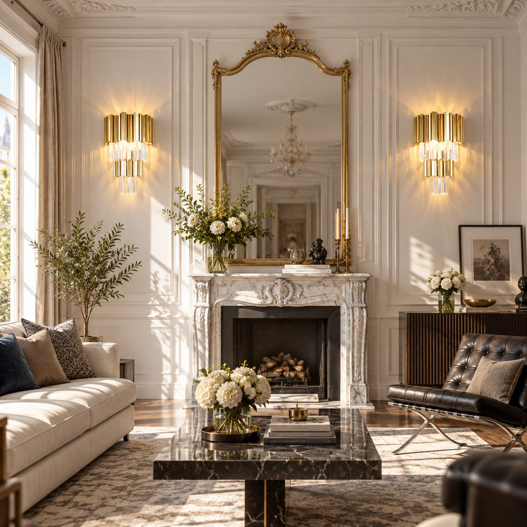 Two Empire crystal wall sconces flanking a fireplace for a symmetrical glamorous glow