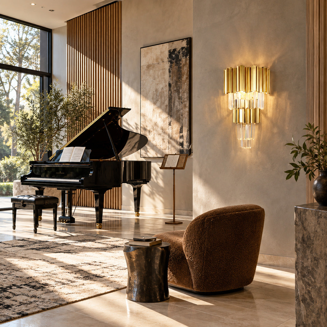 Empire crystal wall sconce as a glamorous sculptural accent on a modern living room wall
