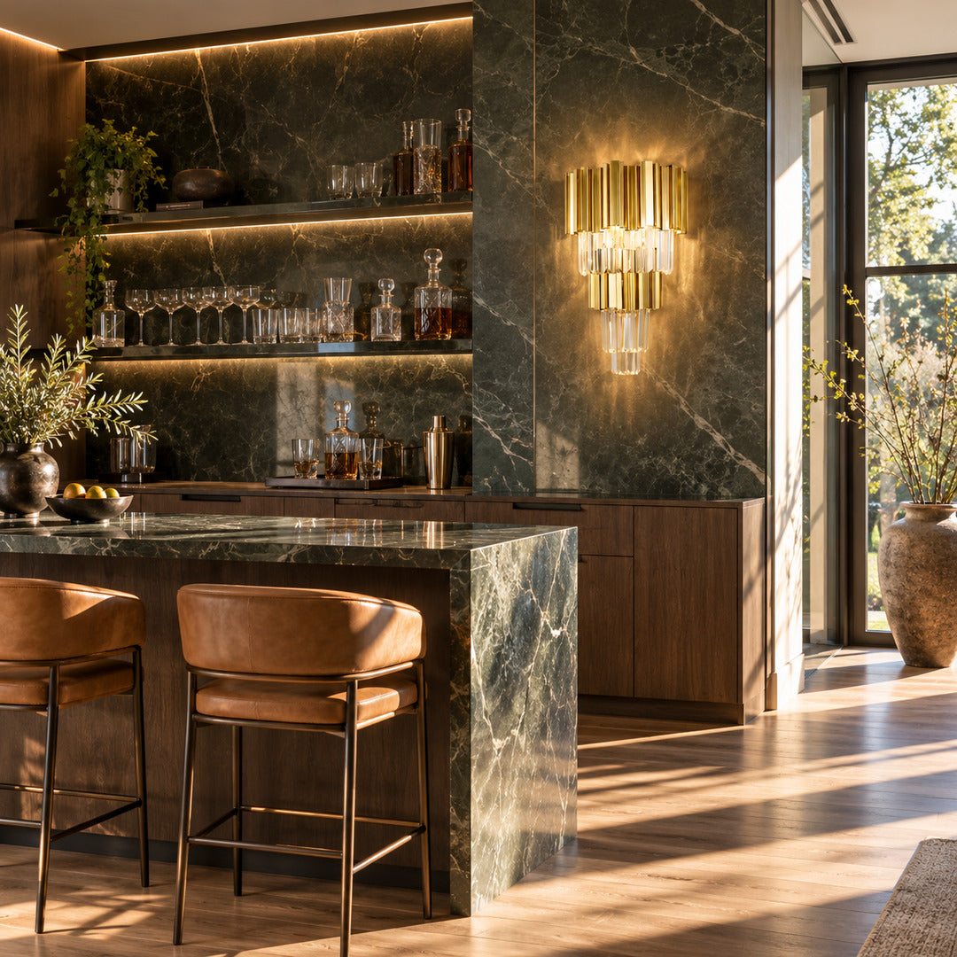 Empire crystal wall sconces adding glamorous accents along an upscale restaurant wall