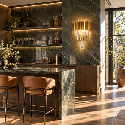 Empire crystal wall sconces adding glamorous accents along an upscale restaurant wall