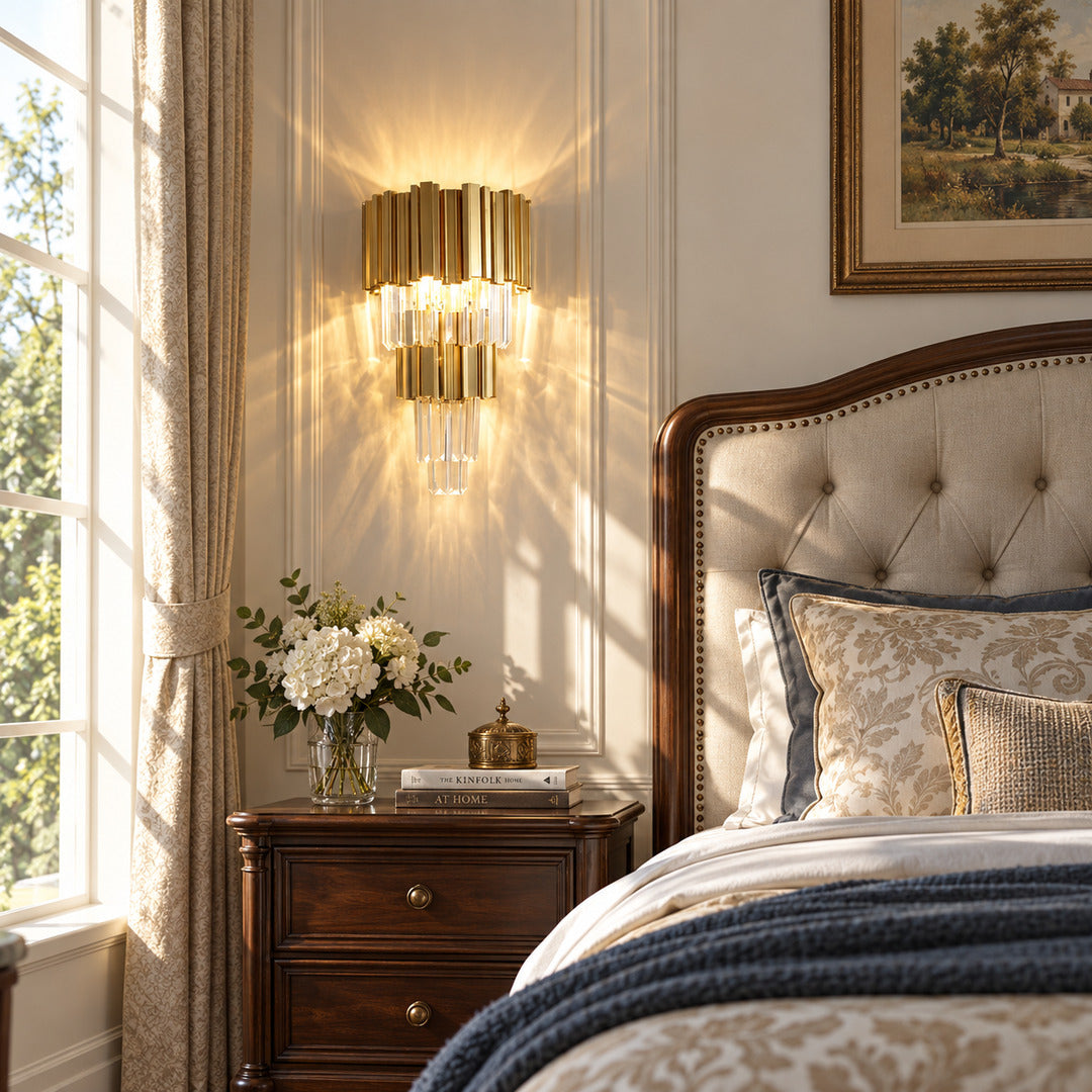 Pair of Empire crystal wall sconces flanking a bed as dazzling Art Deco bedside lights