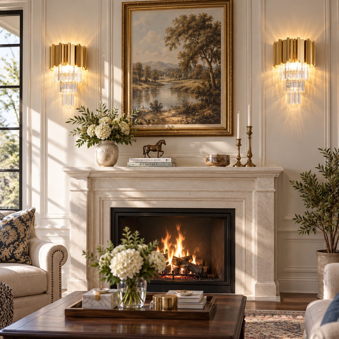 Two Empire crystal wall sconces flanking a fireplace for a symmetrical glamorous glow