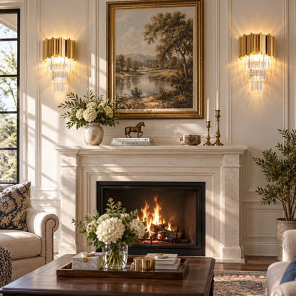 Two Empire crystal wall sconces flanking a fireplace for a symmetrical glamorous glow