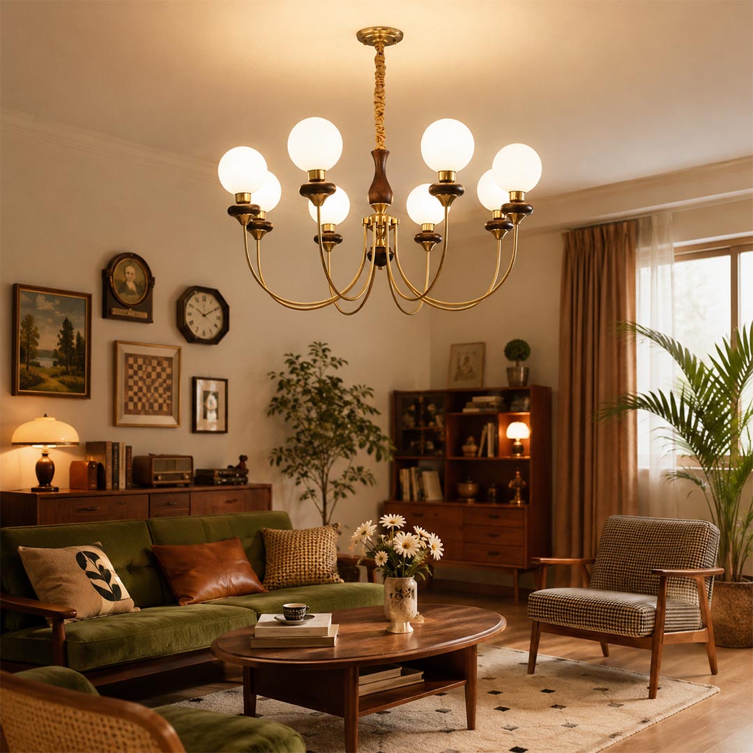 Sophisticated Estelle wood and brass chandelier paired with a ceiling medallion in a retro French style living room by Stuber Lighting.