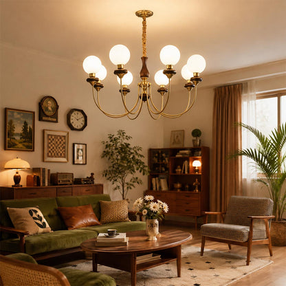 Sophisticated Estelle wood and brass chandelier paired with a ceiling medallion in a retro French style living room by Stuber Lighting.