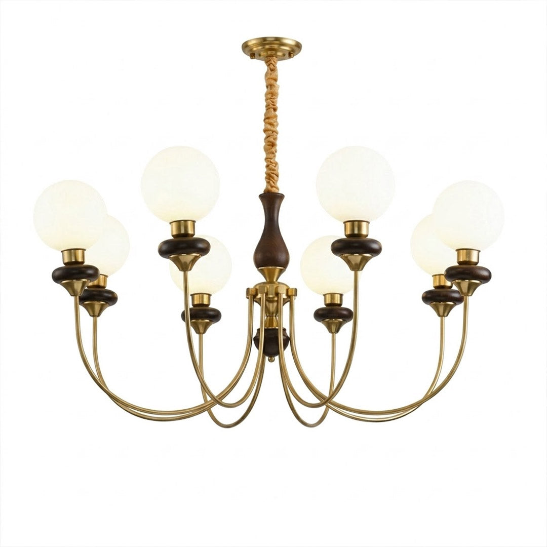 Estelle wood glass chandelier above dining table warm Edison filament glow French farmhouse interior