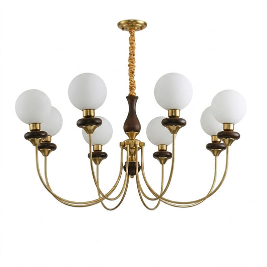 Estelle wood glass chandelier above dining table warm Edison filament glow French farmhouse interior