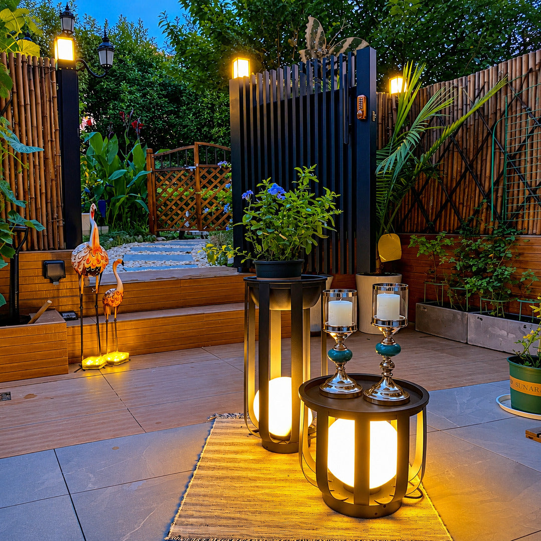 Faceta outdoor garden lights glowing warmly across a garden lawn at dusk