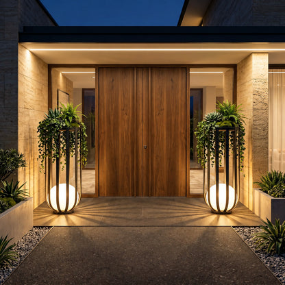 Faceta outdoor garden lights illuminating a villa courtyard with a warm modern glow