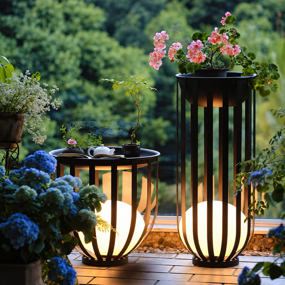 Faceta outdoor garden light adding a warm geometric glow to a backyard patio at night