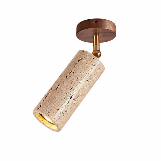 Faro travertine spotlight walnut wood yellow travertine cylinder brass pivot adjustable minimalist ceiling white background