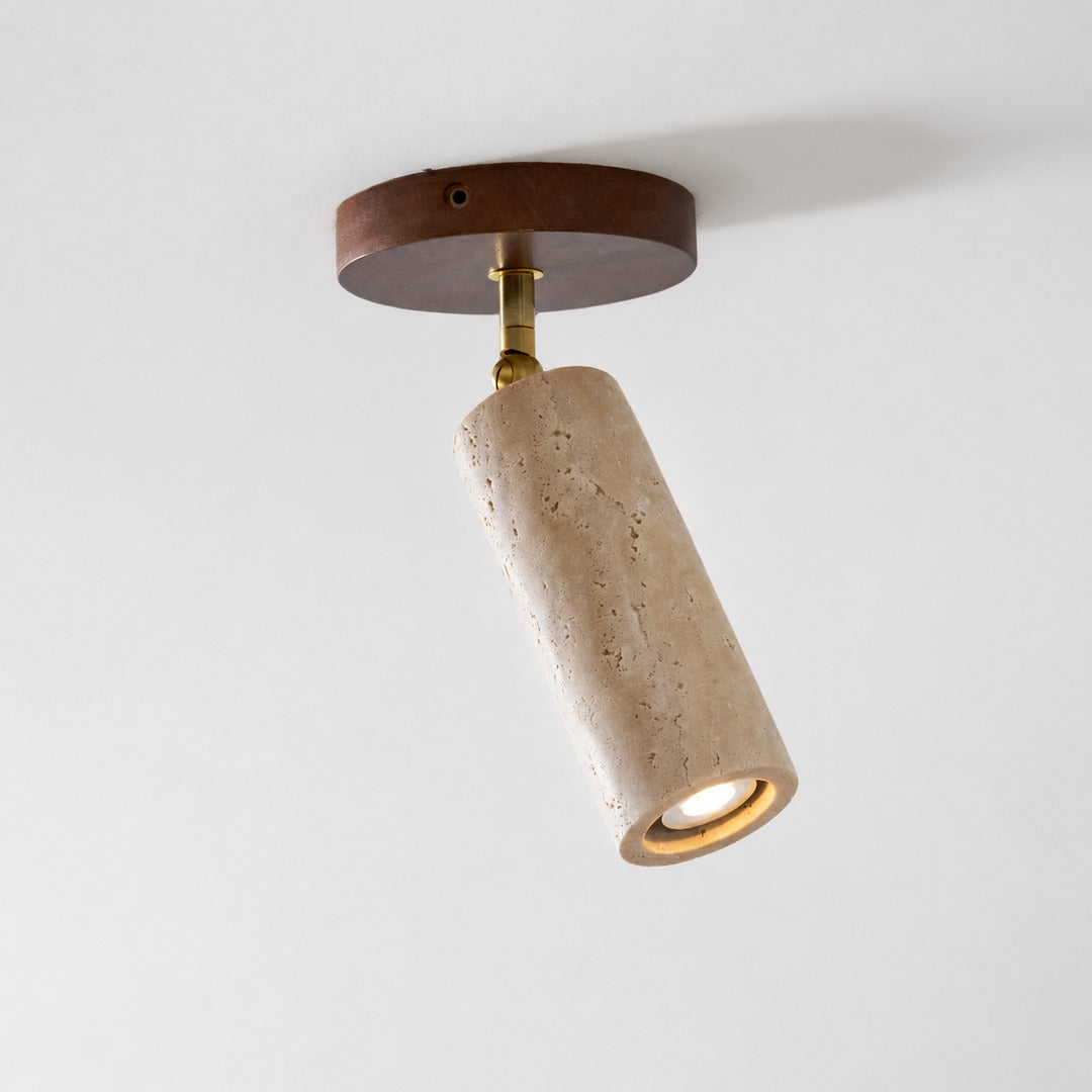 Faro travertine spotlight walnut wood ceiling mount canopy detail close up
