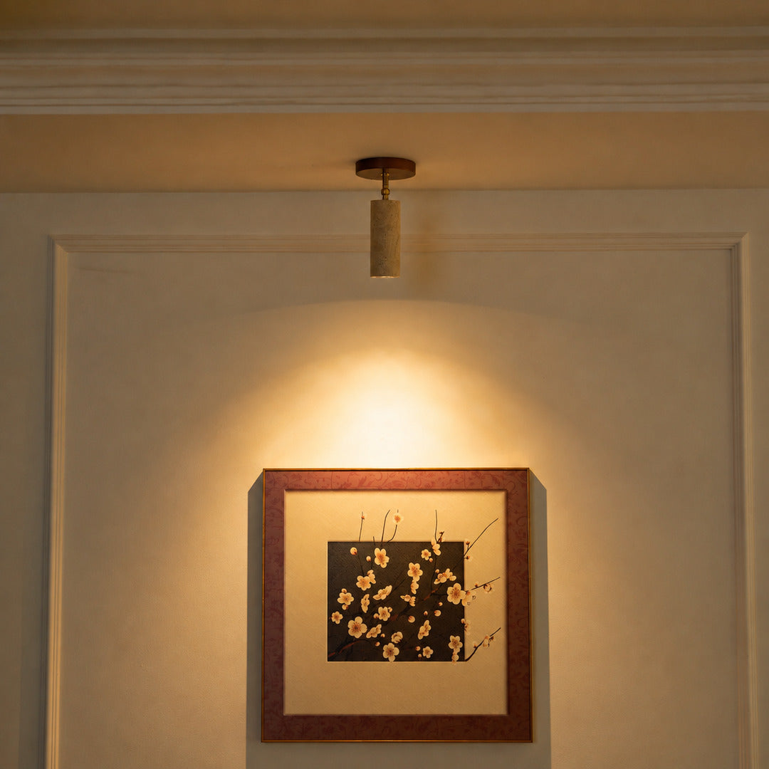 Faro travertine spotlight living room accent mood warm beam travertine stone walnut American home lifestyle interior styled