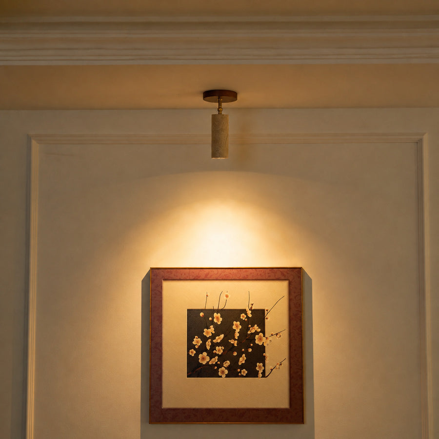 Faro travertine spotlight living room accent mood warm beam travertine stone walnut American home lifestyle interior styled