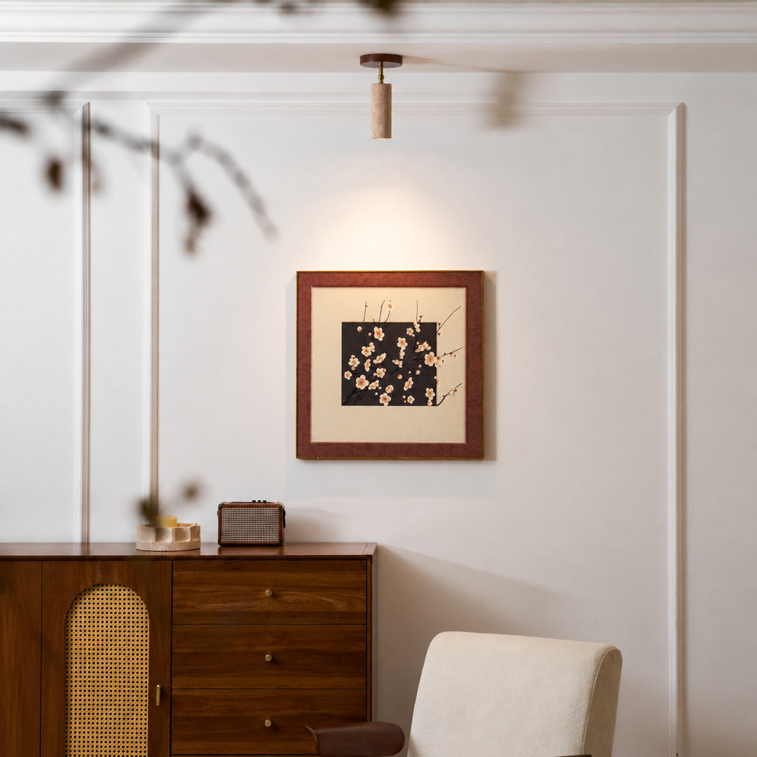 Faro travertine spotlight accent lighting artwork wall picture warm beam natural travertine walnut American home lifestyle interior styled