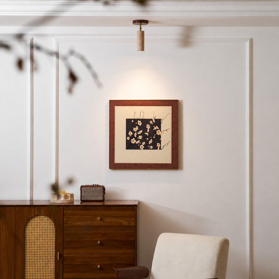 Faro travertine spotlight accent lighting artwork wall picture warm beam natural travertine walnut American home lifestyle interior styled