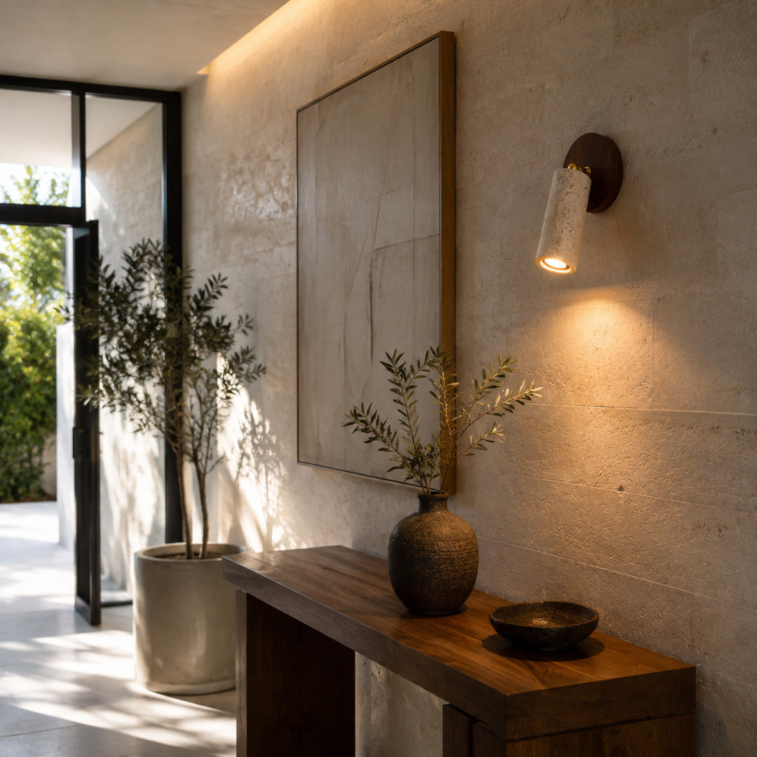 Faro travertine spotlight entryway console accent warm beam travertine walnut minimalist American home lifestyle interior styled