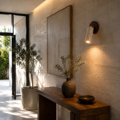 Faro travertine spotlight entryway console accent warm beam travertine walnut minimalist American home lifestyle interior styled
