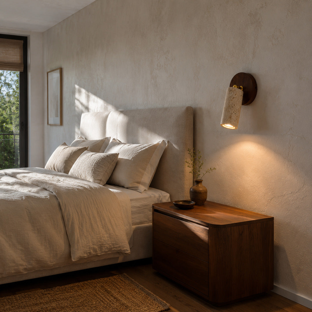Faro travertine spotlight bedroom accent warm directional beam travertine walnut cozy American home lifestyle interior styled