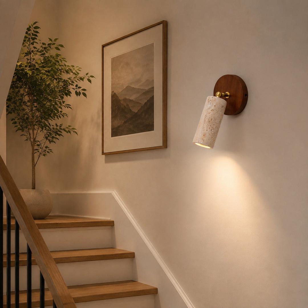 Faro travertine spotlight hallway corridor accent warm directional light travertine walnut minimalist American home lifestyle interior styled