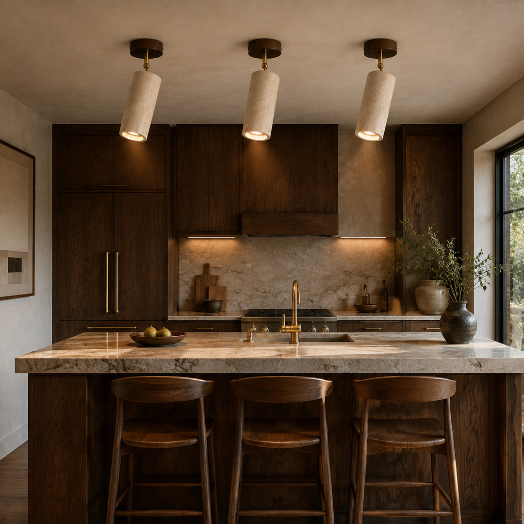 Faro travertine spotlight accent lighting artwork wall picture warm beam natural travertine walnut American home lifestyle interior styled