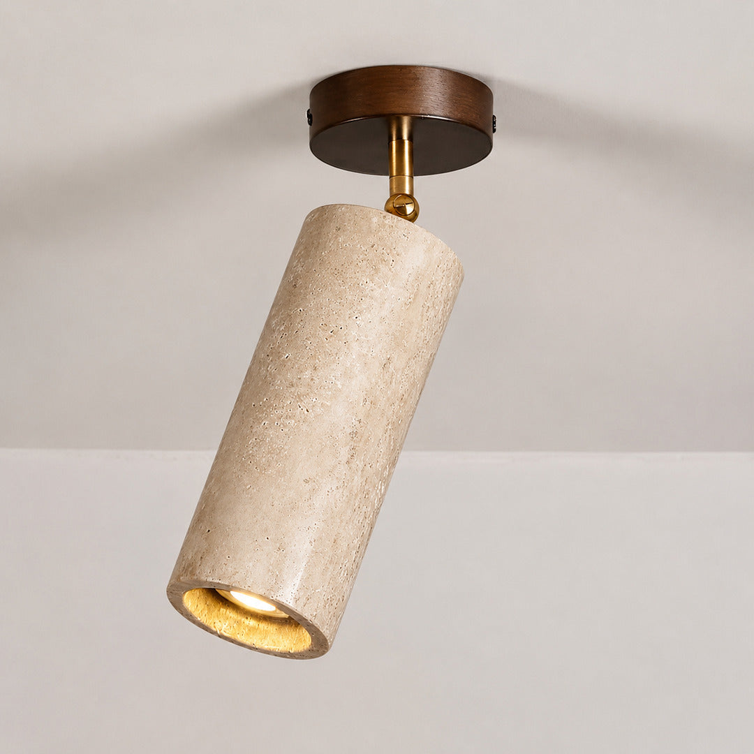 Faro travertine spotlight walnut wood yellow travertine cylinder brass pivot adjustable minimalist ceiling white background