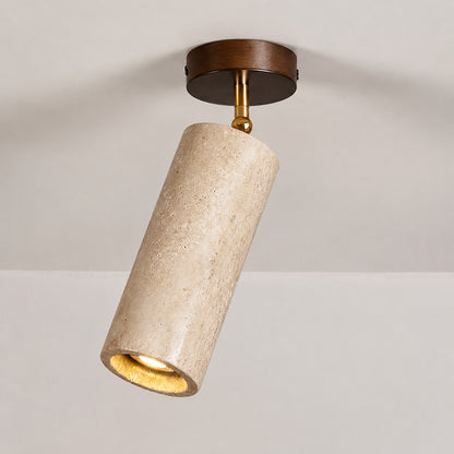 Faro travertine spotlight walnut wood yellow travertine cylinder brass pivot adjustable minimalist ceiling white background