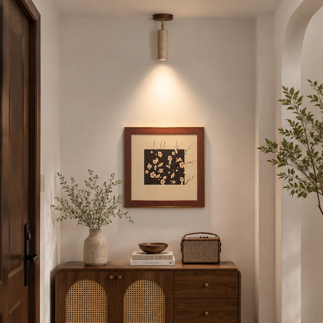 Faro travertine spotlight entryway console accent warm beam travertine walnut minimalist American home lifestyle interior styled