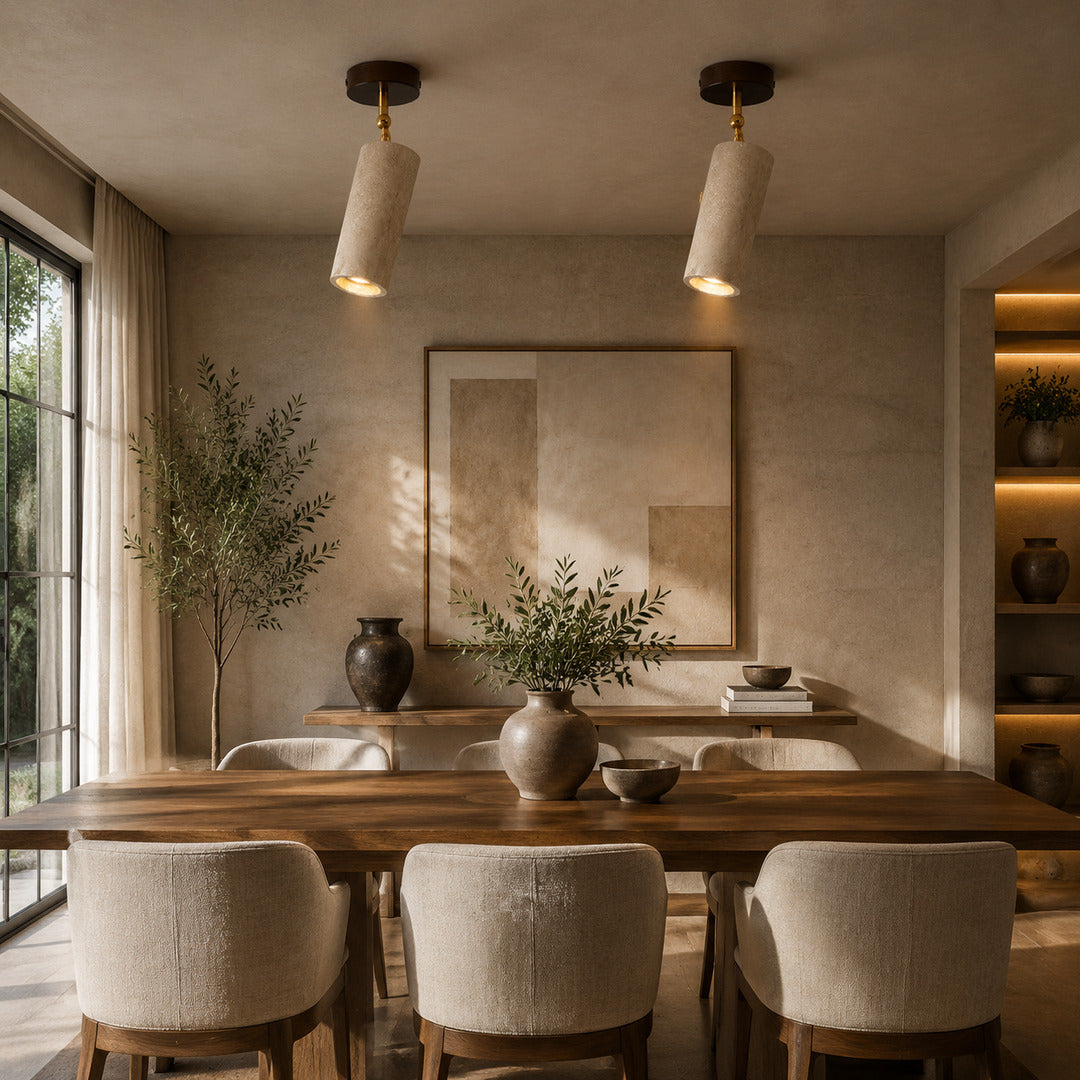 Faro travertine spotlight wabi sabi japandi natural stone space travertine walnut warm American home lifestyle interior styled