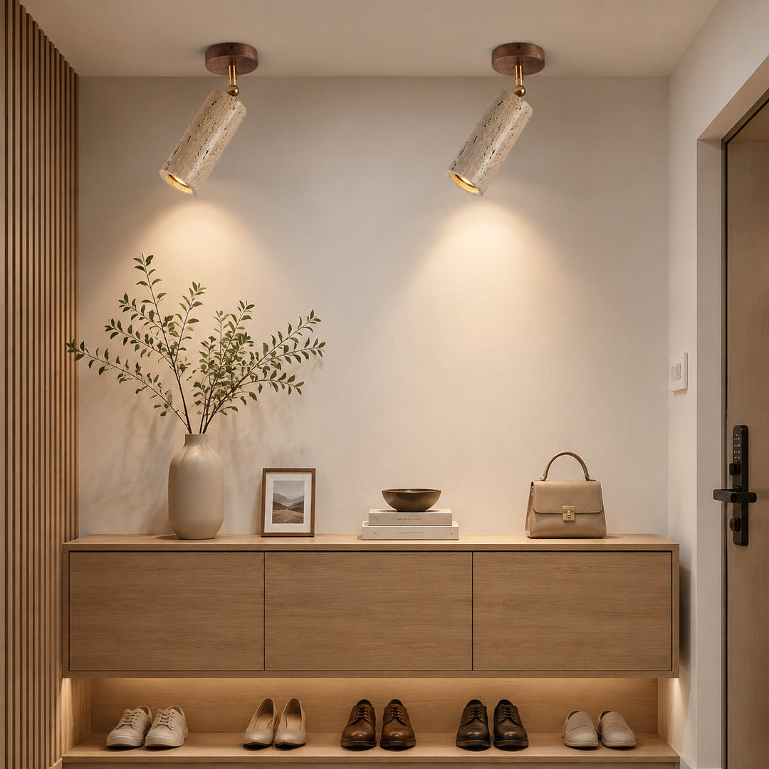Faro travertine spotlight entryway console accent warm beam travertine walnut minimalist American home lifestyle interior styled