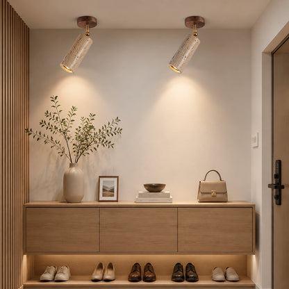 Faro travertine spotlight entryway console accent warm beam travertine walnut minimalist American home lifestyle interior styled