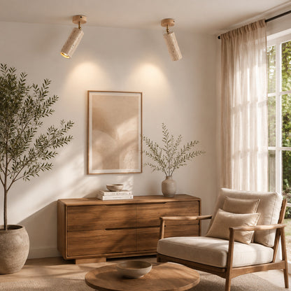 Faro travertine spotlight living room accent mood warm beam travertine stone walnut American home lifestyle interior styled