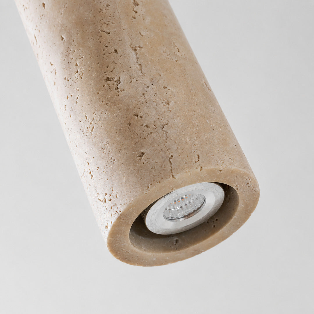Faro travertine spotlight brass pivot adjustable angle mechanism walnut mount detail close up