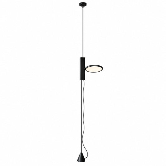 Filo floor-to-ceiling lamp with a ceiling canopy, slim rod, side-mounted LED disc and cone floor counterweight on a white background