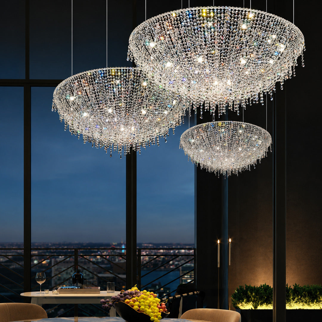 Fiocco crystal chandeliers above tables in an upscale restaurant