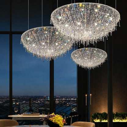 Fiocco crystal chandeliers above tables in an upscale restaurant