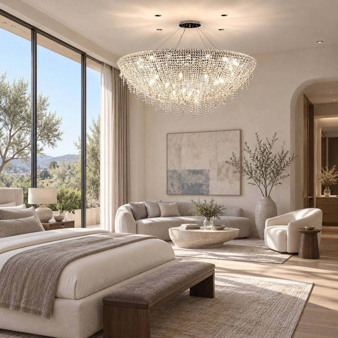 Fiocco crystal chandelier creating a glamorous glow in a primary bedroom