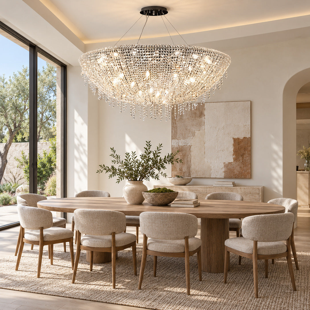 Fiocco crystal chandelier sparkling above a dining room table