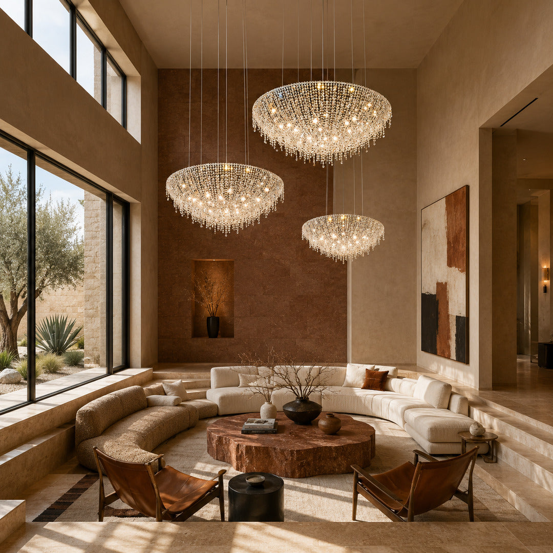 Fiocco crystal chandelier adding sparkle to a modern living room