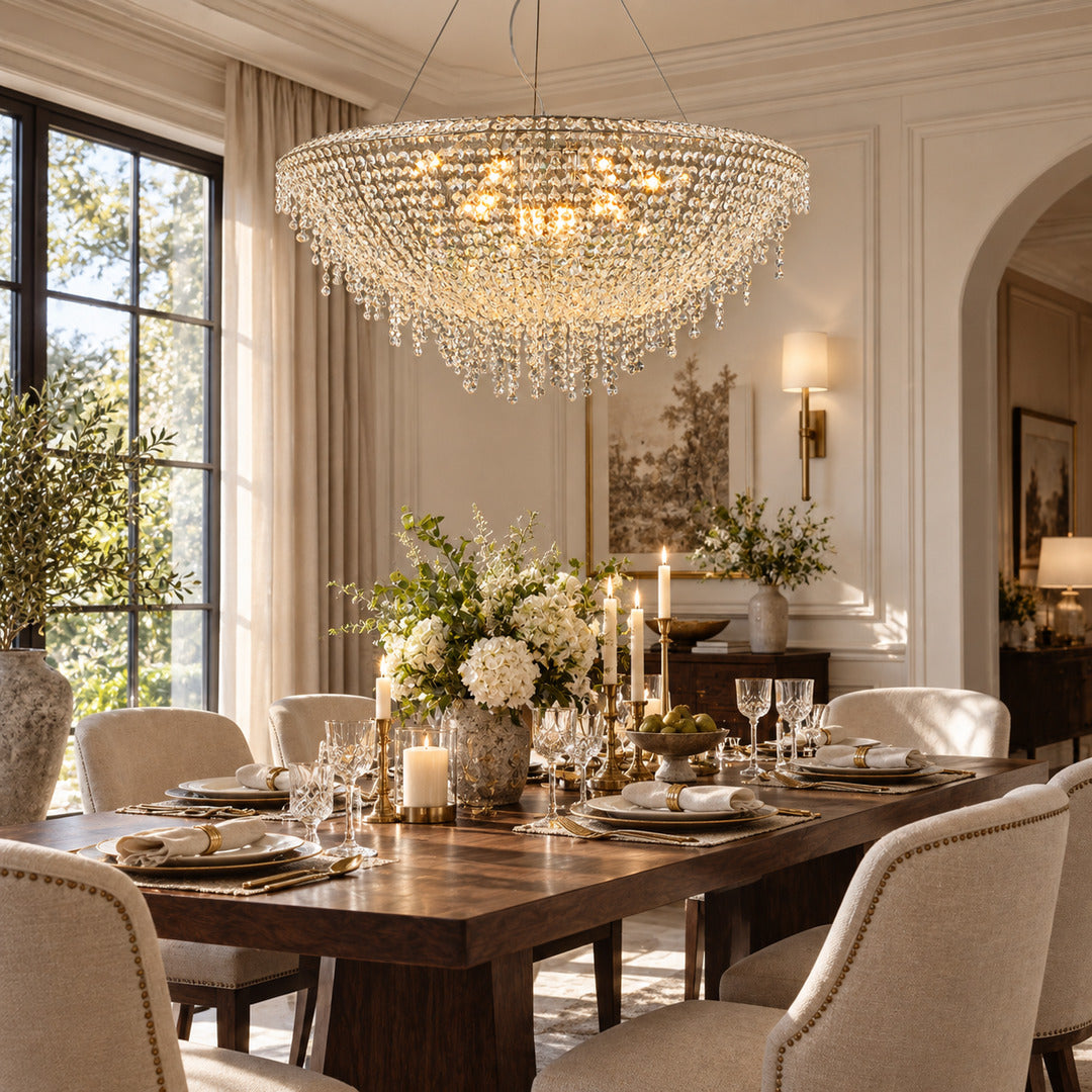 Fiocco crystal chandelier sparkling above a dining room table